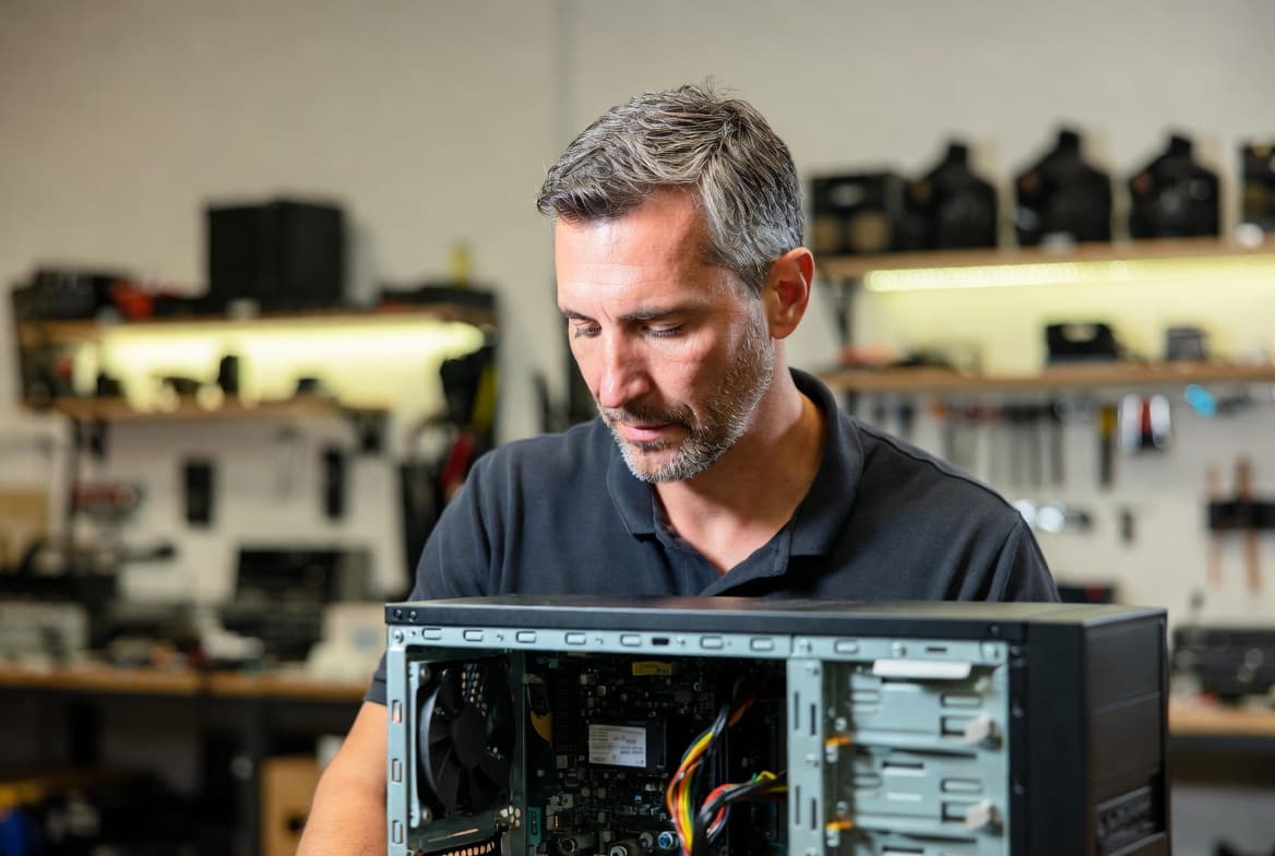 Experienced NoBull IT Solutions technician repairing a desktop computer at the Johnstown PA repair shop